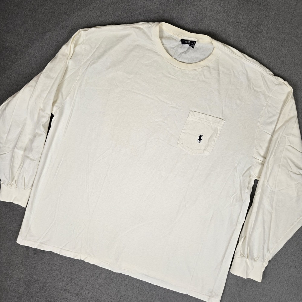 Vtg 90s Polo Ralph Lauren T-Shirt Mens XL White Long Sleeve Pocket Tee USA Made